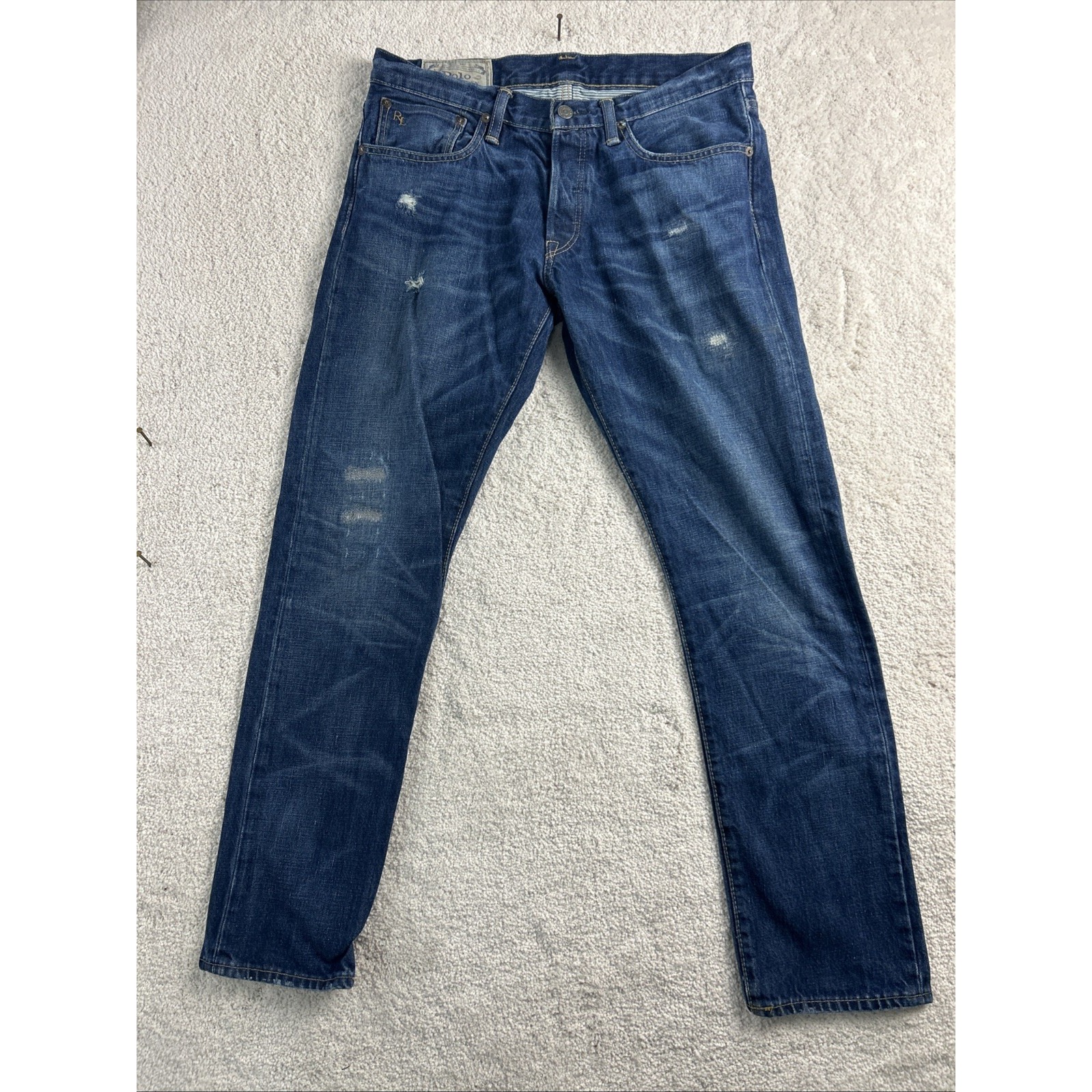 Polo Ralph Lauren Jeans 31x30 Blue Sullivan Slim Denim Selvedge Biker Distressed